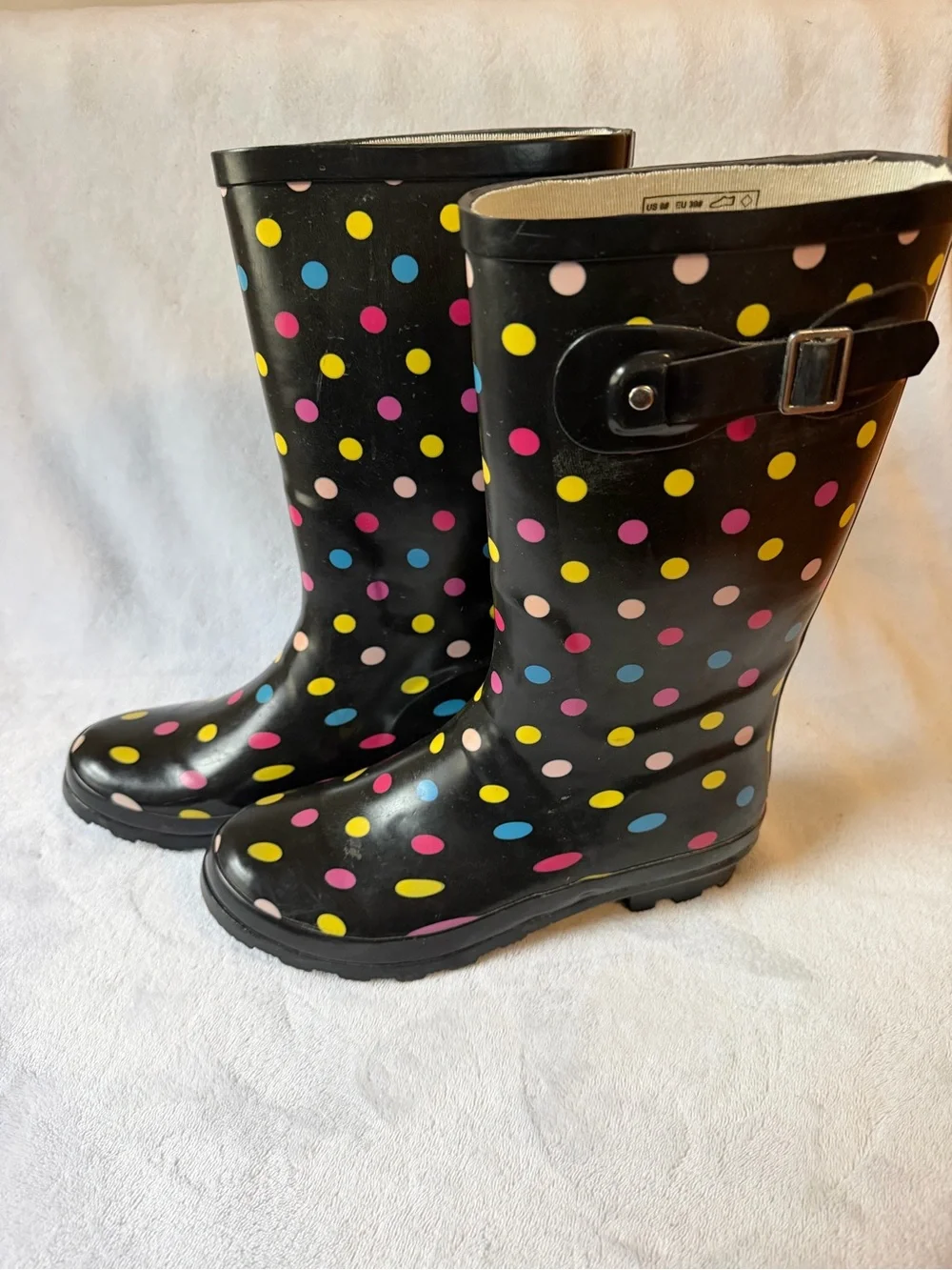 Norty Rain Boots Women Size 8 Black Like New Polka Dot Waterproof Colorful